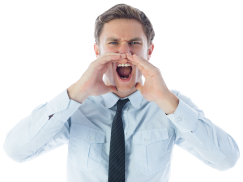 Digital png photo of caucasian businessman shouting on transparent background