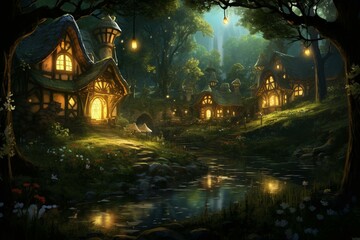 Enchanting picture of woodland homes, quaint town, and glowing fireflies at night. Generative AI