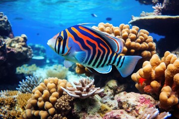 Naklejka na ściany i meble A fish with a blue and orange striped pattern