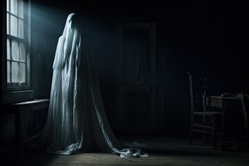 A ghostly woman standing in a dark room - Powered by Adobe