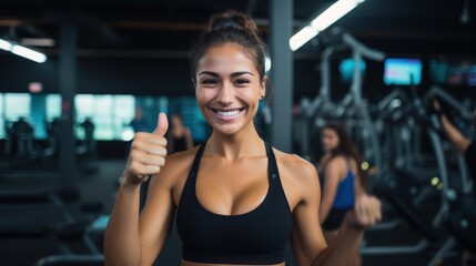 Fototapeta na wymiar Close up image of attractive fit woman in gym. Portrait of a smiling sportswoman in black sportswear showing her thumb up and her biceps over the gym background.
