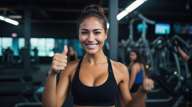 Close up image of attractive fit woman in gym. Portrait of a smiling sportswoman in black sportswear showing her thumb up and her biceps over the gym background.