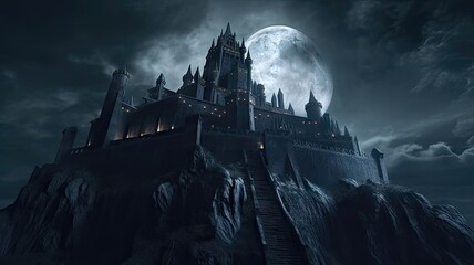 Majestic Gothic Vampire Castle on a Moonlit Mountain - obrazy, fototapety, plakaty