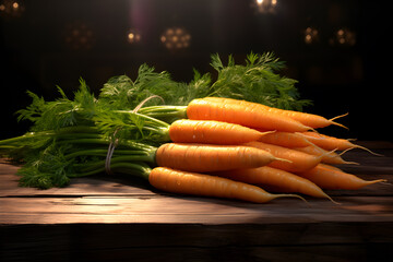 Carrots with leaves on wooden board