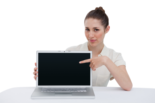 Digital png photo of caucasian woman with laptop with blank screen on transparent background