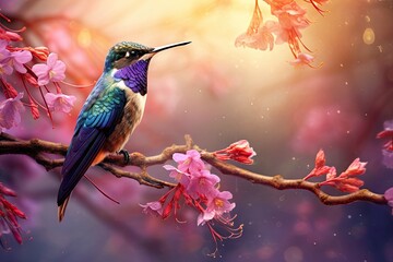 A hummingbird sits on a branch with purple background