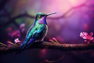 Fototapeta premium A hummingbird sits on a branch with purple background