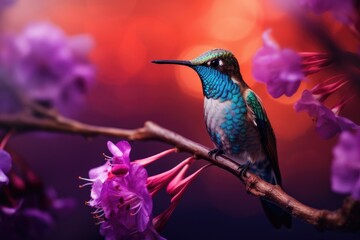 Fototapeta premium A hummingbird sits on a branch with purple background