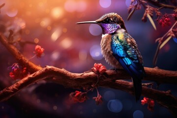 Fototapeta premium A hummingbird sits on a branch with purple background