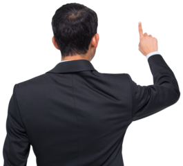 Digital png photo of biracial businessman pointing with finger on transparent background