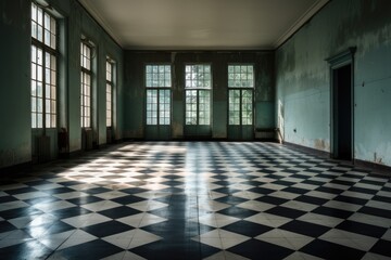 A long empty room with windows, checkerboard tiles on the floor, black and white