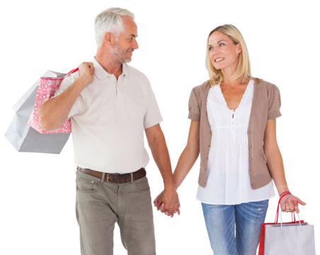 Digital png photo of caucasian couple with shopping bags on transparent background