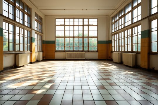 A long empty room with windows