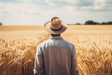 A man in a hat standing in a field of wheat