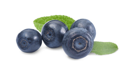 Tasty ripe bilberries and green leaves isolated on white