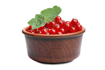 Tasty ripe redcurrants and green leaves in bowl isolated on white