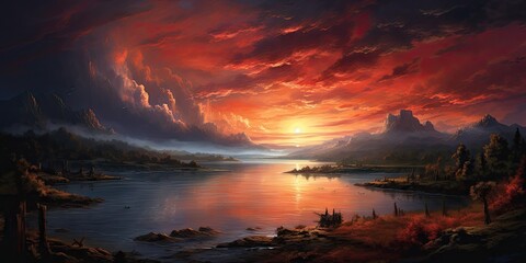 A painting of a sunset over a river - obrazy, fototapety, plakaty