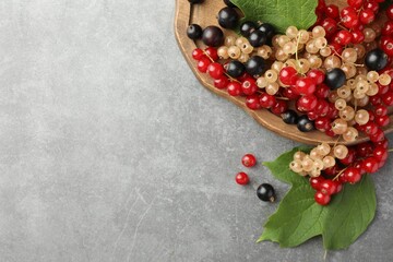 Different fresh ripe currants and green leaves on light grey table, top view. Space for text