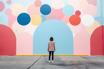 A person standing in front of a colorful wall