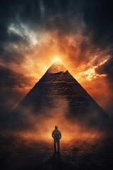 A person standing in front of a pyramid - obrazy, fototapety, plakaty