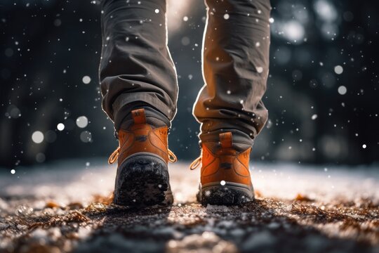A persons feet walking in the snow