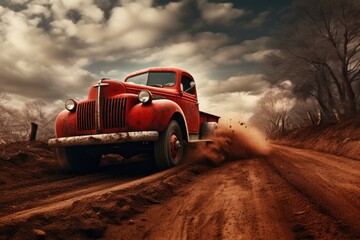 A red truck driving down a dirt road ai generated - obrazy, fototapety, plakaty