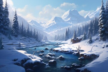 Obraz premium A snowy landscape with a river in the middle
