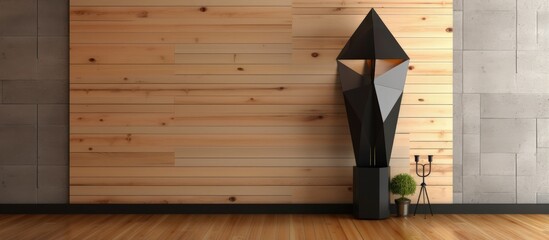 Black and white umbrella placed in a unique geometric stand on the wooden wall