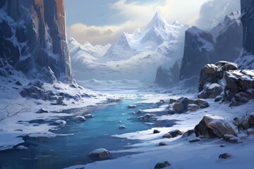 Fototapeta premium A snowy landscape with a river in the middle