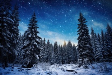 Fototapeta na wymiar A snowy landscape with trees and stars