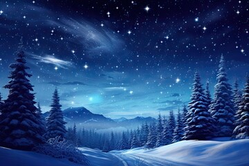 Fototapeta na wymiar A snowy landscape with trees and stars