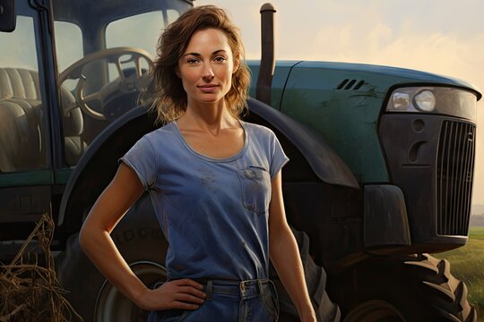 A woman standing in a field with a tractor