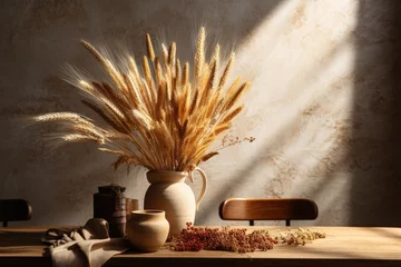 Fotobehang A wooden table topped with a vase filled with wheat © Tymofii