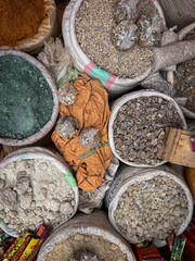 bulk spice in plastic bags at a market in Ethiopia.