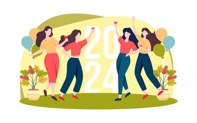 girls party to celebrate new year 2024, flat illustration for new year party