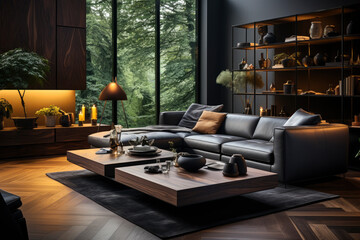 Modern style living room with large window and luxury furniture