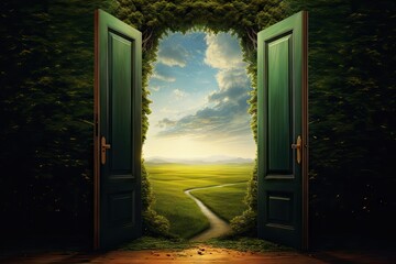 An open door stands in a green landscape