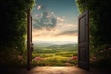 Fotobehang Oude deur An open door stands in a green landscape