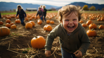 Fototapeta premium Group of girls and boys running in pumpkin patch field at sunny autumn day. Happy friends children faving fun playing outdoors and picking pumpkins on Halloween.