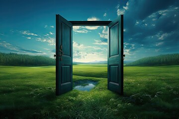 An open door stands in a green landscape - obrazy, fototapety, plakaty