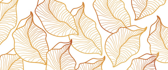 Tropical gold leaves wallpaper, Luxury nature leaf pattern design, gold leaf lines, Hand drawn outline fabric, print, cover, banner and invitation