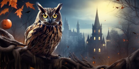 An owl sitting on a branch in front of a castle - obrazy, fototapety, plakaty