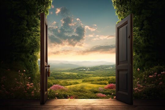 An open door stands in a green landscape