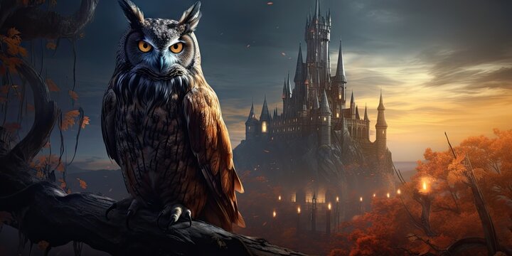 An owl sitting on a branch in front of a castle