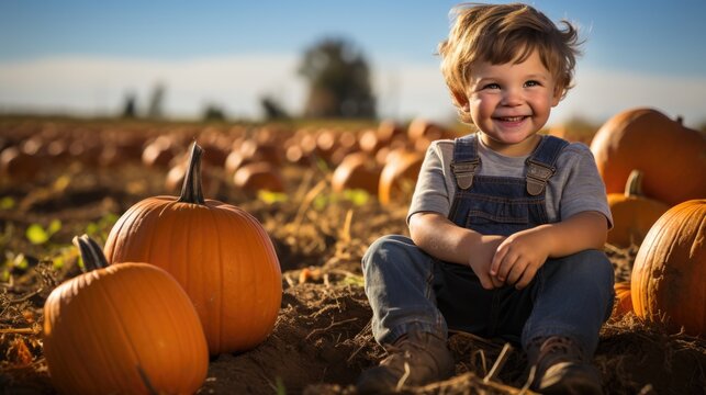 Beautiful little boy helping to harvest pumpkins growing in field on sunny autumn day. Happy cute child laughing picking pumpkins on Halloween.