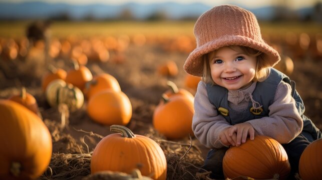 Beautiful little girl helping to harvest pumpkins growing in field on sunny autumn day. Happy cute child laughing picking pumpkins on Halloween.