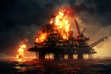 Fire engulfed oil rig. Generative AI