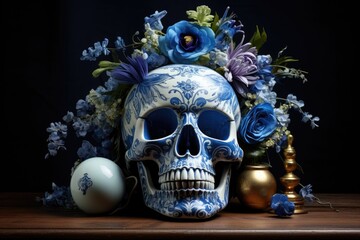 Blue skull with decorated flowers and candle