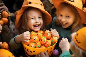 Fototapeta premium scary spooky halloween season, monster skull and crossbones halloween witch with pumpkin, halloween and October background 
