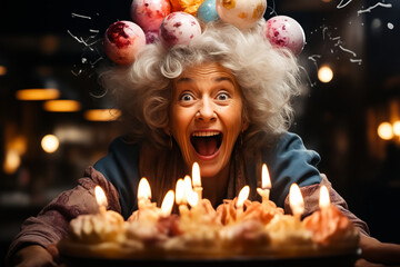 Woman with bunch of candles on her head and cake with eggs on top.